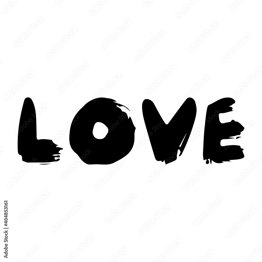 Ink text Love. Black silhouette. Bold letters. Horizontal view. Vector flat graphic hand drawn illustration. The isolated object on a white background. Isolate. Ink text Love. Black silhouette. Bold letters. Horizontal view. Vector flat graphic hand drawn illustration. The isolated object on a white background. Isolate.