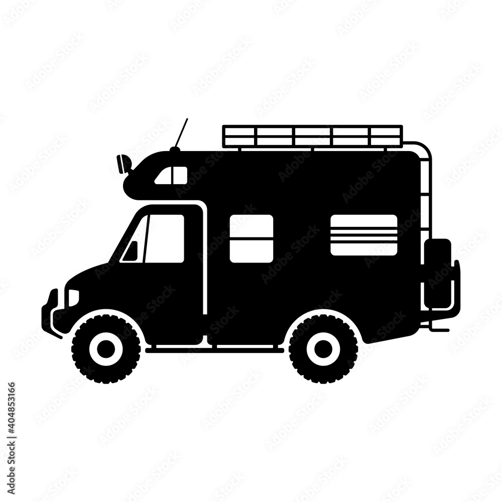 Motorhome icon. Off-road expedition camper. Black silhouette. Side view. Vector flat graphic illustration. The isolated object on a white background. Isolate. Motorhome icon. Off-road expedition camper. Black silhouette. Side view. Vector flat graphic illustration. The isolated object on a white background. Isolate.
