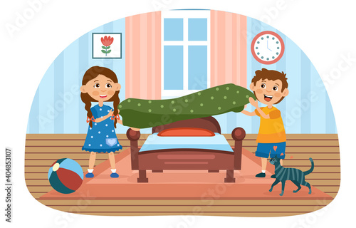 Little boy and girl are making the bed. Kids doing housework chores at home concept. Flat cartoon vector illustration with fictional characters