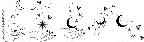 Illustrations with crescent moon, moths, witch hands and celestial elements, Mystical Symbols, Witch magic elements, witchcraft, star mystic moth