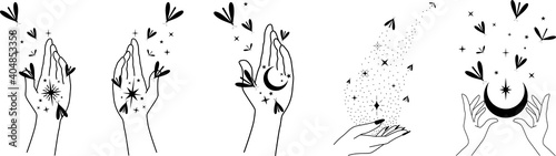 Illustrations with crescent moon, moths, witch hands and celestial elements, Mystical Symbols, Witch magic elements, witchcraft, star mystic moth