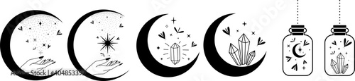 Illustrations with crescent moon, moths, witch hands and celestial elements, Mystical Symbols, Witch magic elements, witchcraft, star mystic moth