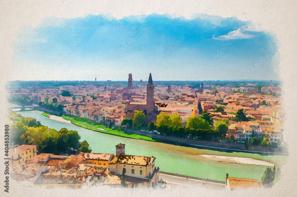 Watercolor drawing of Aerial view of Verona historical city centre, Adige river, church Basilica di Santa Anastasia tower, medieval buildings with red tiled roofs