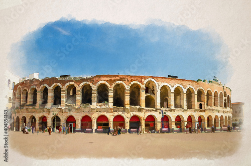 Watercolor drawing of Verona Arena in Piazza Bra square. Roman amphitheatre Arena di Verona ancient building