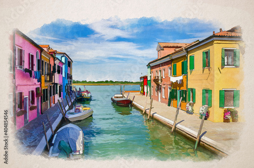 Watercolor drawing of Colorful houses of Burano island. Multicolored buildings on fondamenta embankment of narrow water canal with fishing boats, Italy