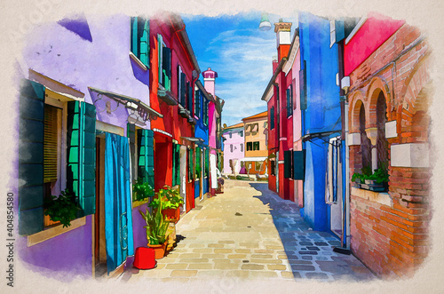 Watercolor drawing of Burano island narrow cobblestone street between colorful houses buildings with multicolored bright walls © Aliaksandr