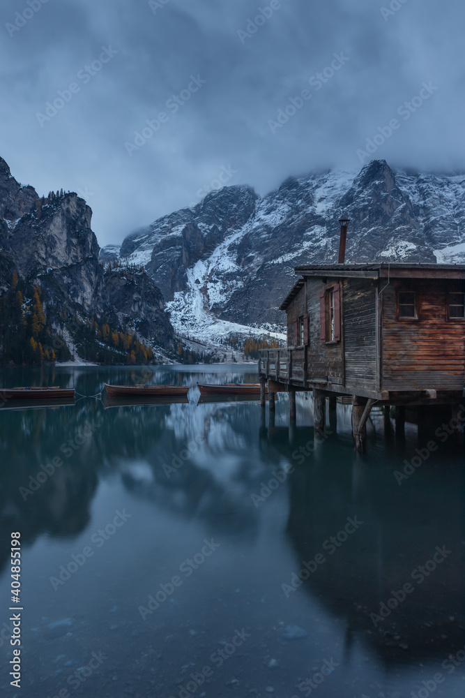 Fototapeta premium Reflections on Lake Braies (Lago di Braies), very well known touristic destination in the italian Dolomites, near Cortina d'Ampezzo