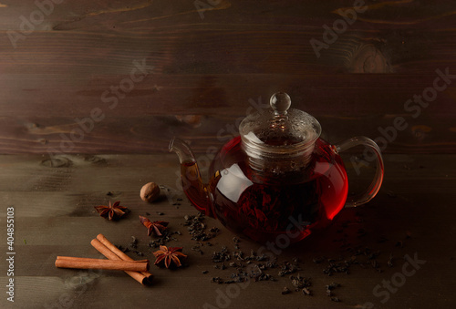 Glass teapot with tea