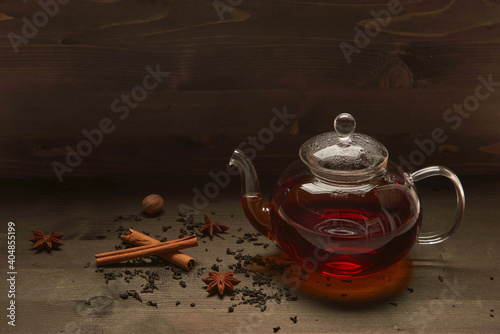Glass teapot with tea