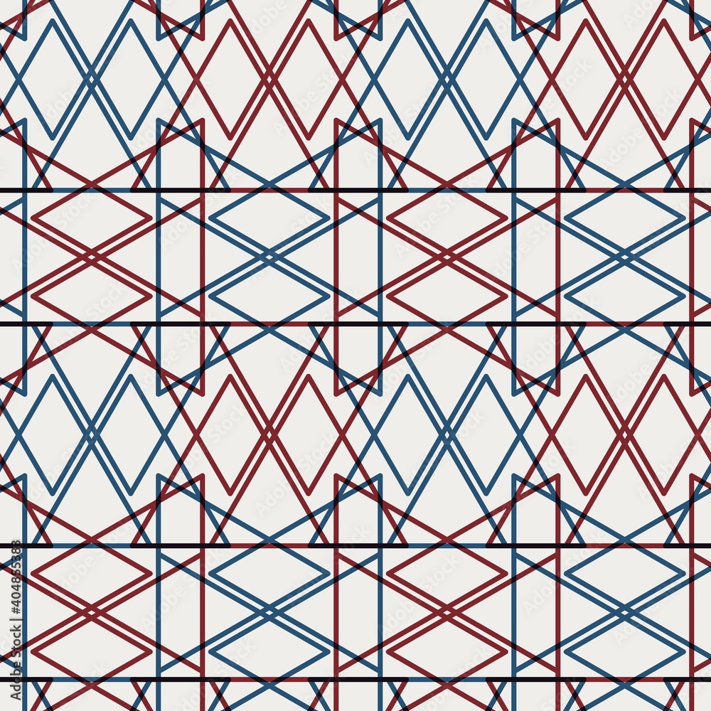Seamless abstract geometric pattern in flat red blue black white. High quality illustration. Abstract design of red and blue overlaid to form a modern attractive abstract seamless surface design. Seamless abstract geometric pattern in flat red blue black white. High quality illustration. Abstract design of red and blue overlaid to form a modern attractive abstract seamless surface design.