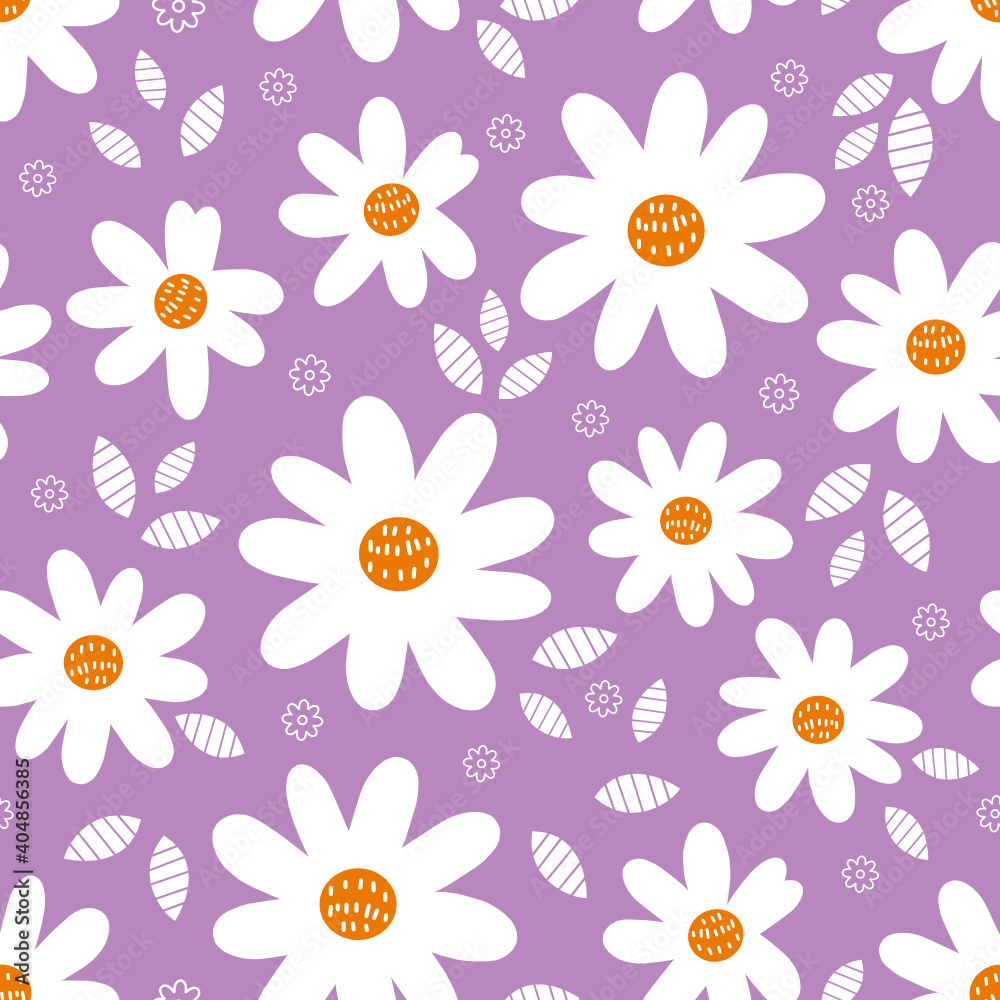 Seamless pattern with daisy flower and leaves on purple background vector illustration. Cute hand drawn floral print. Seamless pattern with daisy flower and leaves on purple background vector illustration. Cute hand drawn floral print.