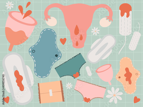 Menstruation theme. Period vector illustration. Feminine hygiene products. Panties, pads, cups. Menstrual protection, feminine hygiene. Zero waste objects. 