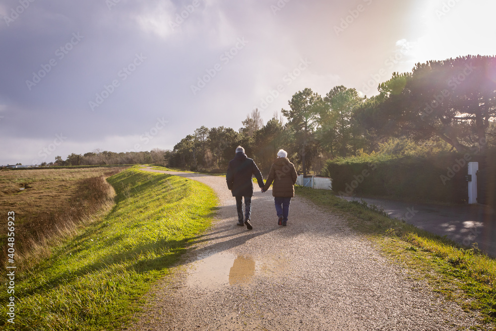 Romantic senior couple walking hand in hand at sunset on a trail on the dike at la Faute Sur Mer, Vendee, France