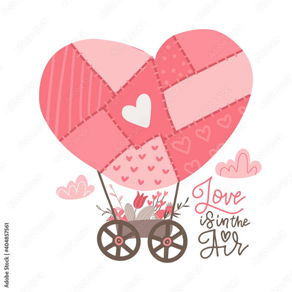 Patchwork hot air balloon in heart shape with basket full of flowers. Valentine day greeting card. Flat vector illustration with lettering Love is in the air. Patchwork hot air balloon in heart shape with basket full of flowers. Valentine day greeting card. Flat vector illustration with lettering Love is in the air.