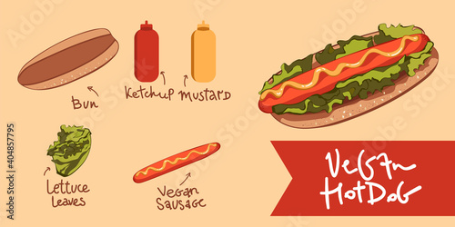 Vector hotdog with mustard vegan sausage . Illustration vector. icon isolated. Vegan hotdog. vegan ,eco, vegetarian fast food, healthy food. infographics for menu, recipe, vegetable food, go vegan