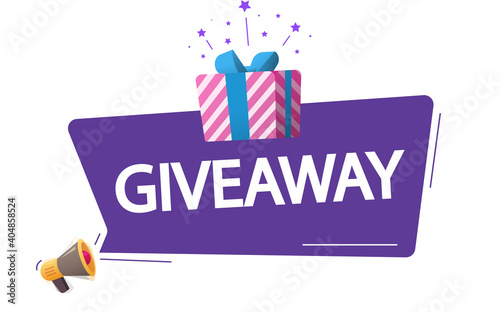 Giveaway marketing advertising poster vector, give away winners announcement notice message with bubble speech and gift box present isolated