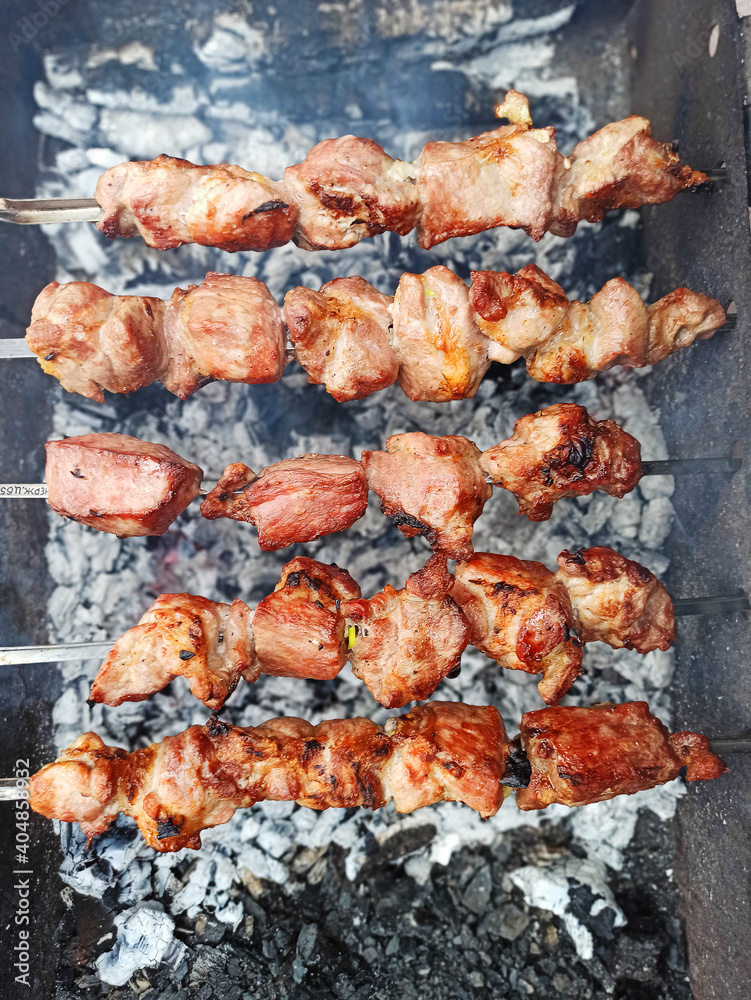 Meat on skewers cooked on wood, on the street, grill, picnic. Pork against the background of hot coals.