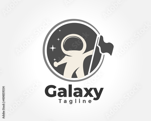 landing astronaut with flag logo design inspiration illustration
