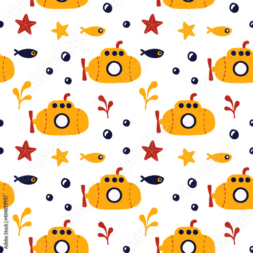 Seamless vector pattern with yellow submarine. Pefect for children textiles of wallpaper.  © Oksana