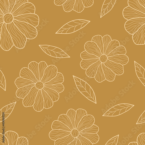 Hand drawn light buds of chamomile with leaves on gold background. Seamless floral pattern. Suitable for coloring book, wrapping, textile, wallpaper.