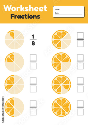 Woorsheet fractions for kids. Math for prechool and school children. Orange.