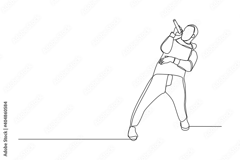 Continuous line drawing of young happy male pop singer holding microphone and singing on stage. Single one line art of musician artist performance concept design vector illustration