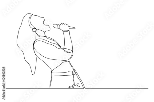 Continuous line drawing of young happy female pop singer holding microphone and singing on stage. Single one line art of musician artist performance concept design vector illustration