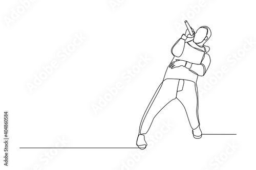 Continuous line drawing of young happy male pop singer holding microphone and singing on stage. Single one line art of musician artist performance concept design vector illustration