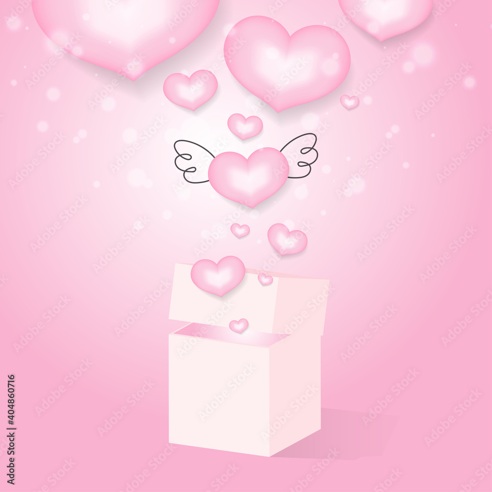 Happy Valentine's Day background. Pink hearts in white gift box with empty place for text. Love flying elements on pink. Vector illustration