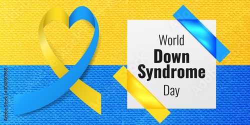 World Down Syndrome Day. Poster, banner, placard, flyer concept design. Yellow and blue silk heart ribbon on color grungy background. Vector illustration