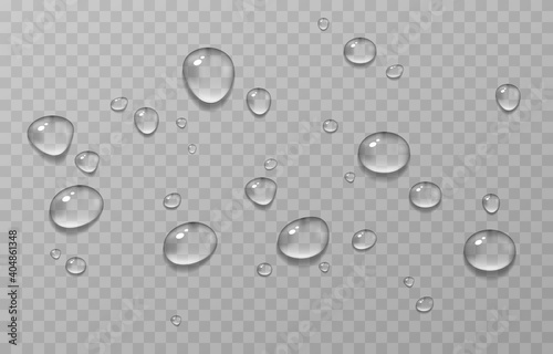 Vector water drops. PNG drops, condensation on the window, on the surface. Realistic drops on an isolated transparent background.