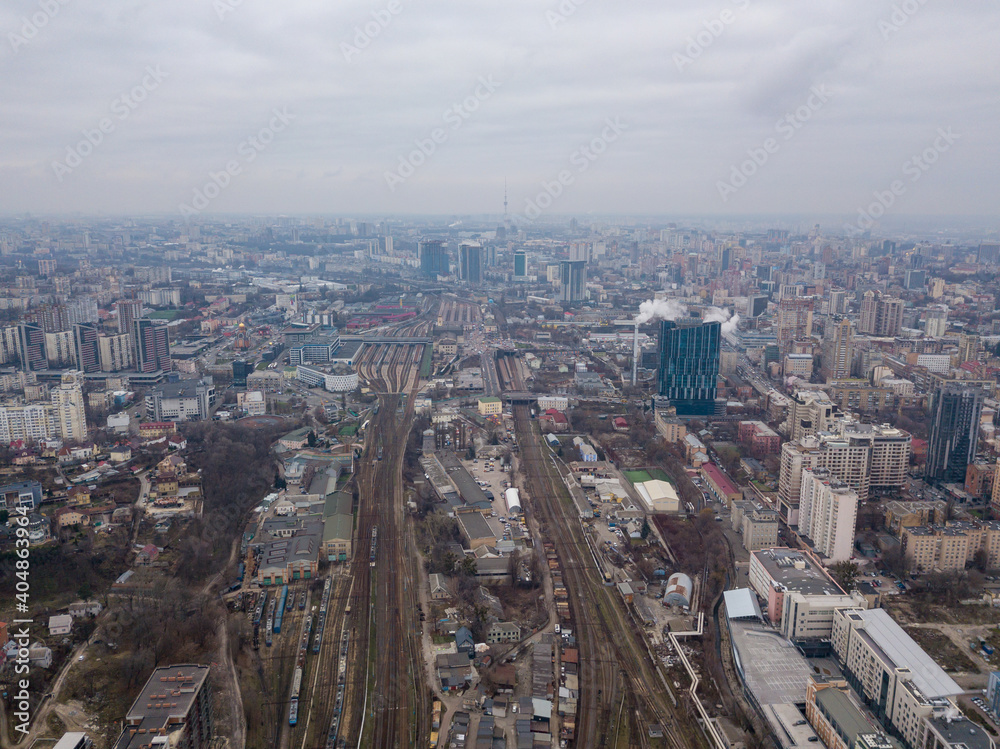 Aerial drone view. Railway in Kiev.