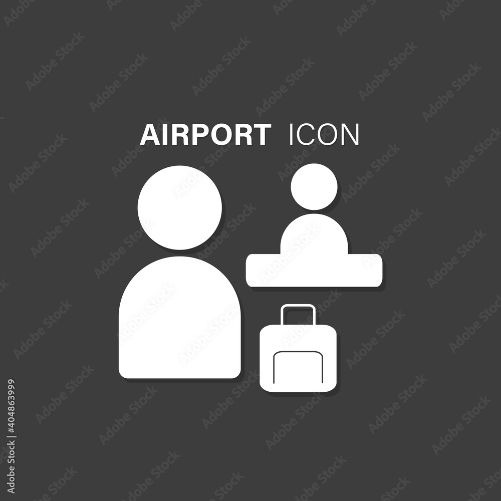 Passenger waiting at registration desk. Airport check in counter white icon on black background. Passenger waiting at registration desk. Airport check in counter white icon on black background.