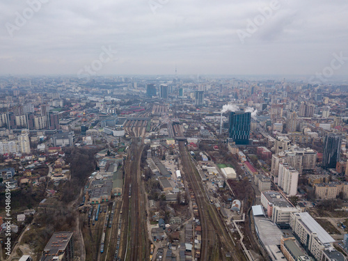 Aerial drone view. Railway in Kiev.