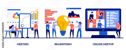 Meeting, brainstorm and online meetup concept with tiny people. Team communication vector illustration set. Corporate presentation, creative ideas and solutions, teamwork, conference call metaphor