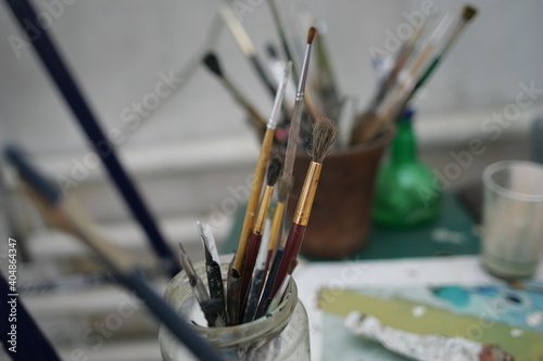 Artist's accessories. Palette, brushes, paints