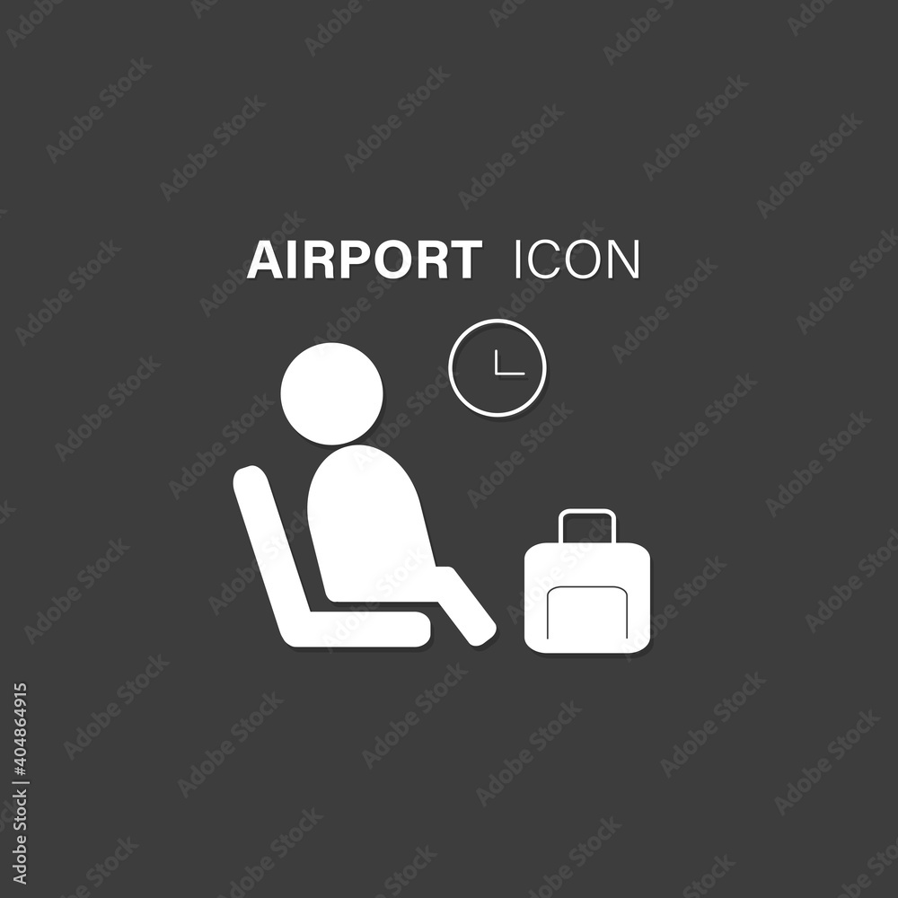 Set of airport vector white icons on black background. Passenger, clock and Luggage vector white icons isolated on a black background. Set of airport vector white icons on black background. Passenger, clock and Luggage vector white icons isolated on a black background.