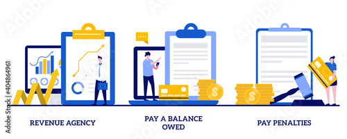 Revenue agency, pay a balance owed, pay penalties concept with tiny people. Fine and surcharge repayment abstract vector illustration set. Tax office visiting, debt paying metaphors