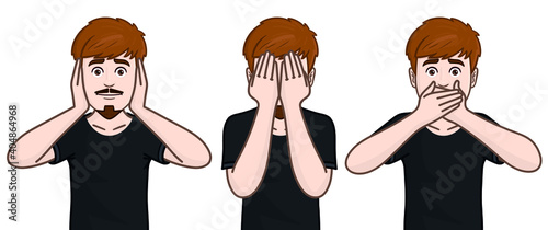 man who hears nothing, sees nothing, says nothing. comic characters, avatar, isolated on white.