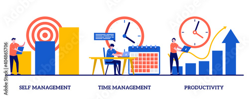 Self and time management, productivity concept with tiny people. Employee performance and self-organization abstract vector illustration set. Motivation software, effective job planning metaphor