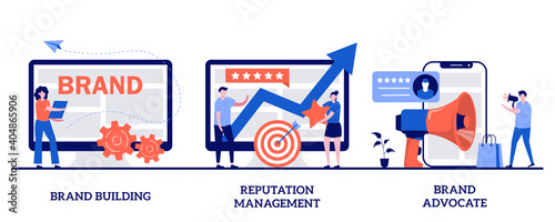 Brand building, reputation management, brand advocate concept with tiny people. Trademark public relations abstract vector illustration set. Marketing strategy, social media, corporate ID metaphor
