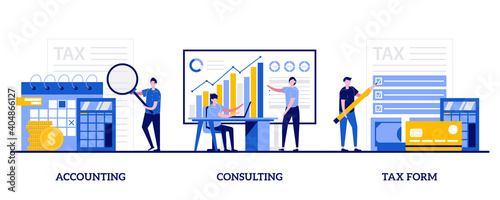 Accounting, consulting, tax form concept with tiny people. Financial information abstract vector illustration set. Tax filing, audit service, online application software, business strategy metaphor
