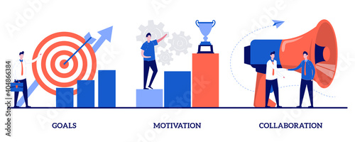 Goals, motivation and collaboration concept with tiny people. Business growth abstract vector illustration set. Achievement and coaching, enterprise cooperation, smart planning metaphor