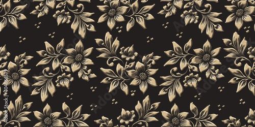 Embossed floral trend pattern, abstract black gold vintage floral background, 3d render, Abstract seamless patchwork background from metallic golden beige and dark black ornaments, high resolution.