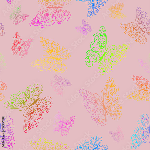 Seamless pattern with rainbow multicolored butterflies on the pink background. Vector illustration