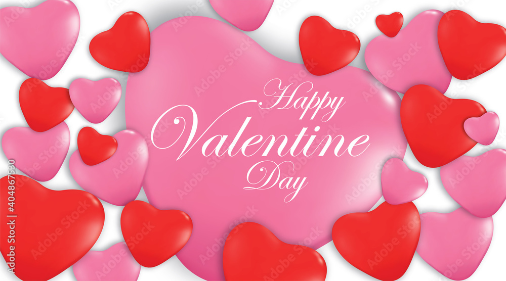 Happy Valentine Day congratulation banner with red and pink 3d heart shapes - vector illustration