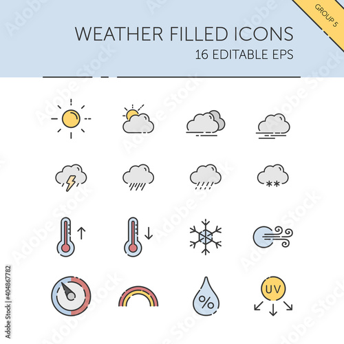 Weather and meteorology. Sun, clouds, temperature and pressure group. Isolated color icon set. Filled vector illustration