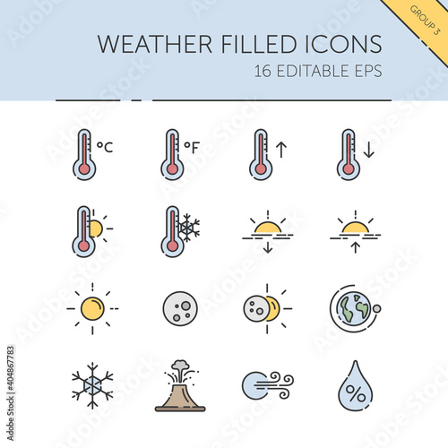 Weather and meteorology. Temperature, humidity and natural phenomenon group. Color icon set. Filled vector illustration