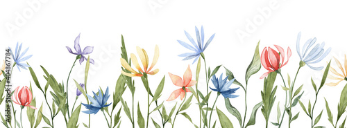 Seamless banner with hand painted watercolor flowers
