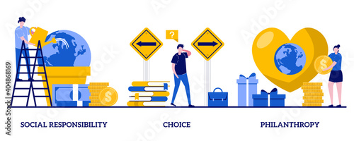 Social responsibility, choice, philanthropy concept with tiny people. Decision making abstract vector illustration set. Private initiative, problem solving, donation fund, volunteering metaphor